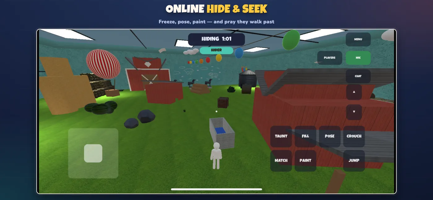 A hider poses as a prop on the Farm map while the round timer counts down