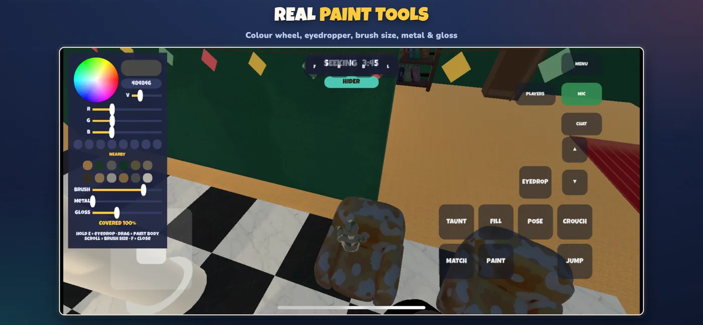 The paint studio: colour wheel, eyedropper, brush size, metal and gloss controls