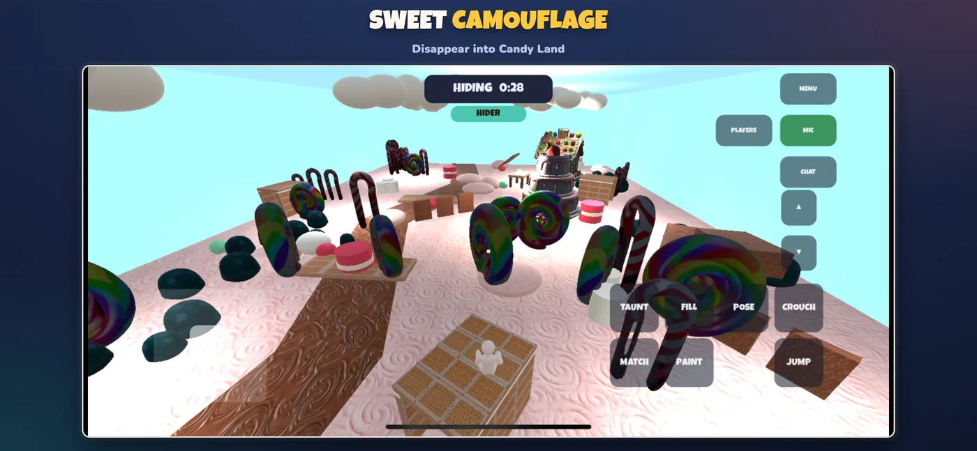 A hider disappearing among giant sweets on the Candy Land map